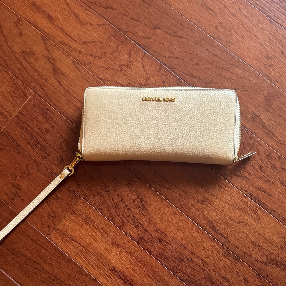 Michael Kors Cream Pebbled Leather Zip Wristlet with Gold Hardware